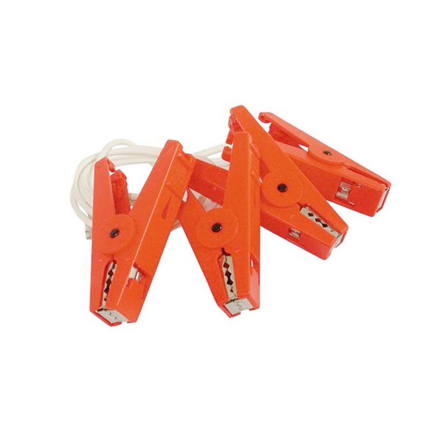 Orange alligator clips on a white background