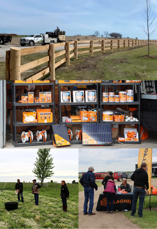 Brussels Agri Services fencing and community collage showing wooden fence installation, Gallagher electric fencing supplies, and local agricultural even