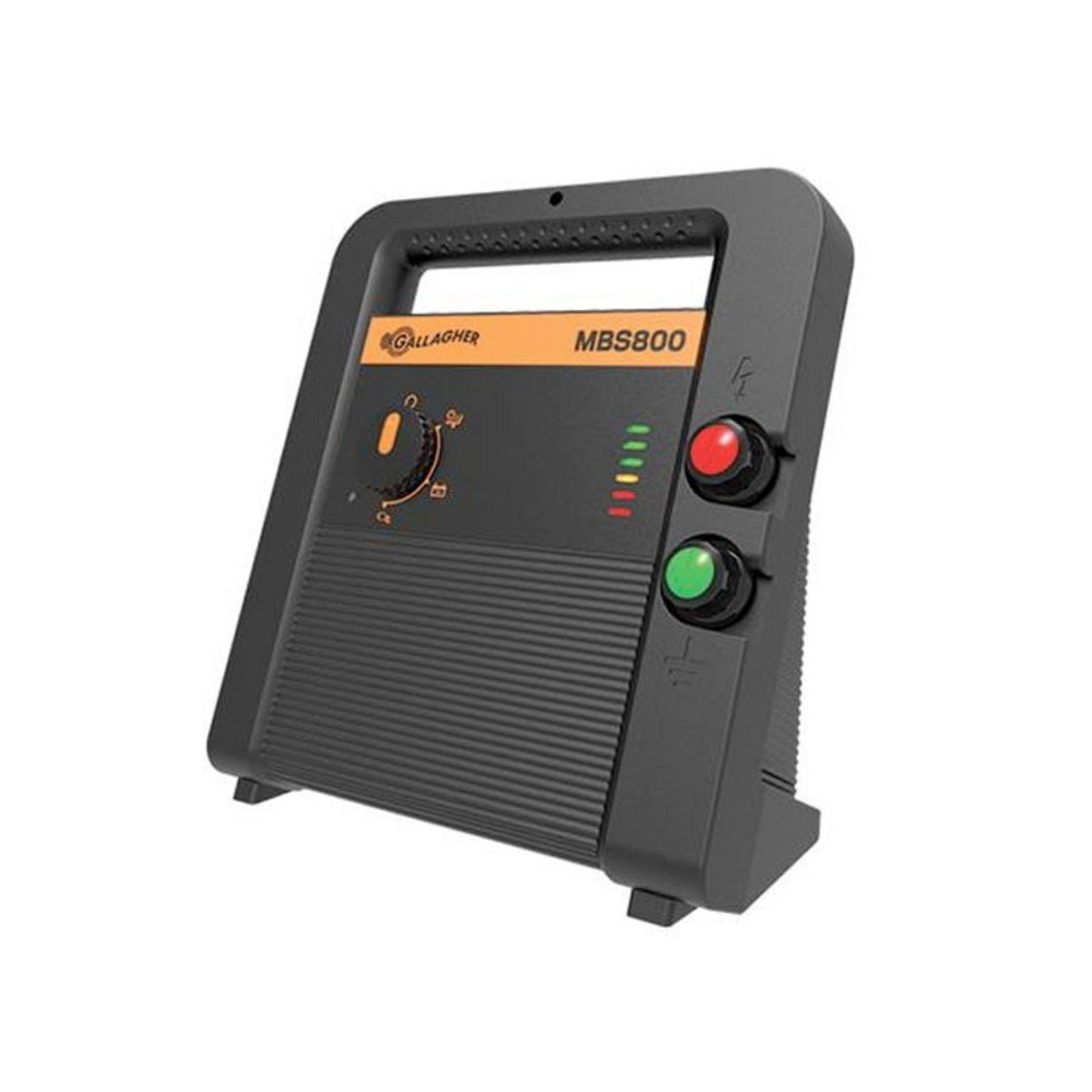 Black electronic device with control buttons and indicator lights on a white background