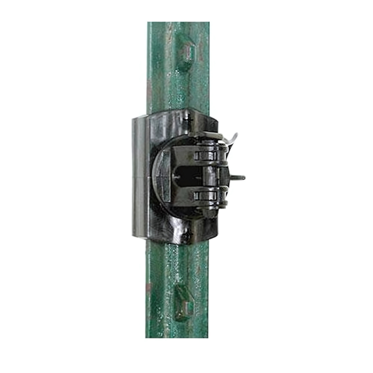 Metal clamp attached to a green metal pole on a white background